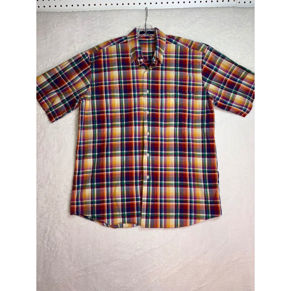 Alan Flusser Mens Large Plaid Button Down Shirt Short Sleeve Cotton Multi-Color